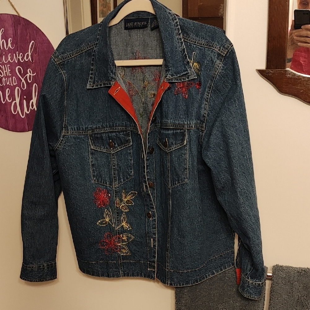 Jane Ashley Denim Jacket with Red and Gold Embroidery